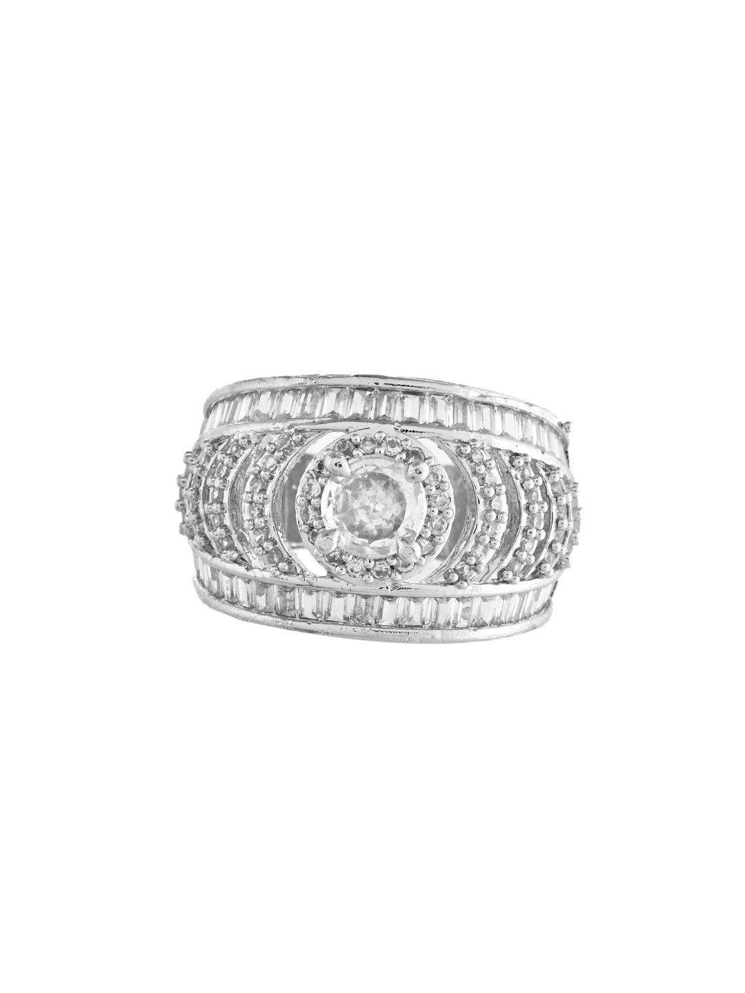 Classic Silver-Plated CZ Cluster Statement Ring For Women | Bridal Jewellery