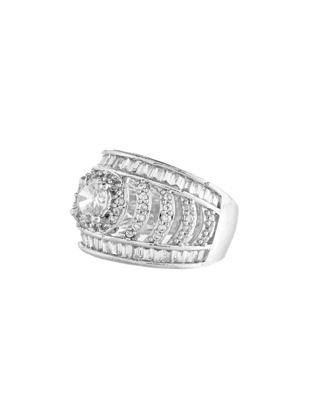 Classic Silver-Plated CZ Cluster Statement Ring For Women | Bridal Jewellery