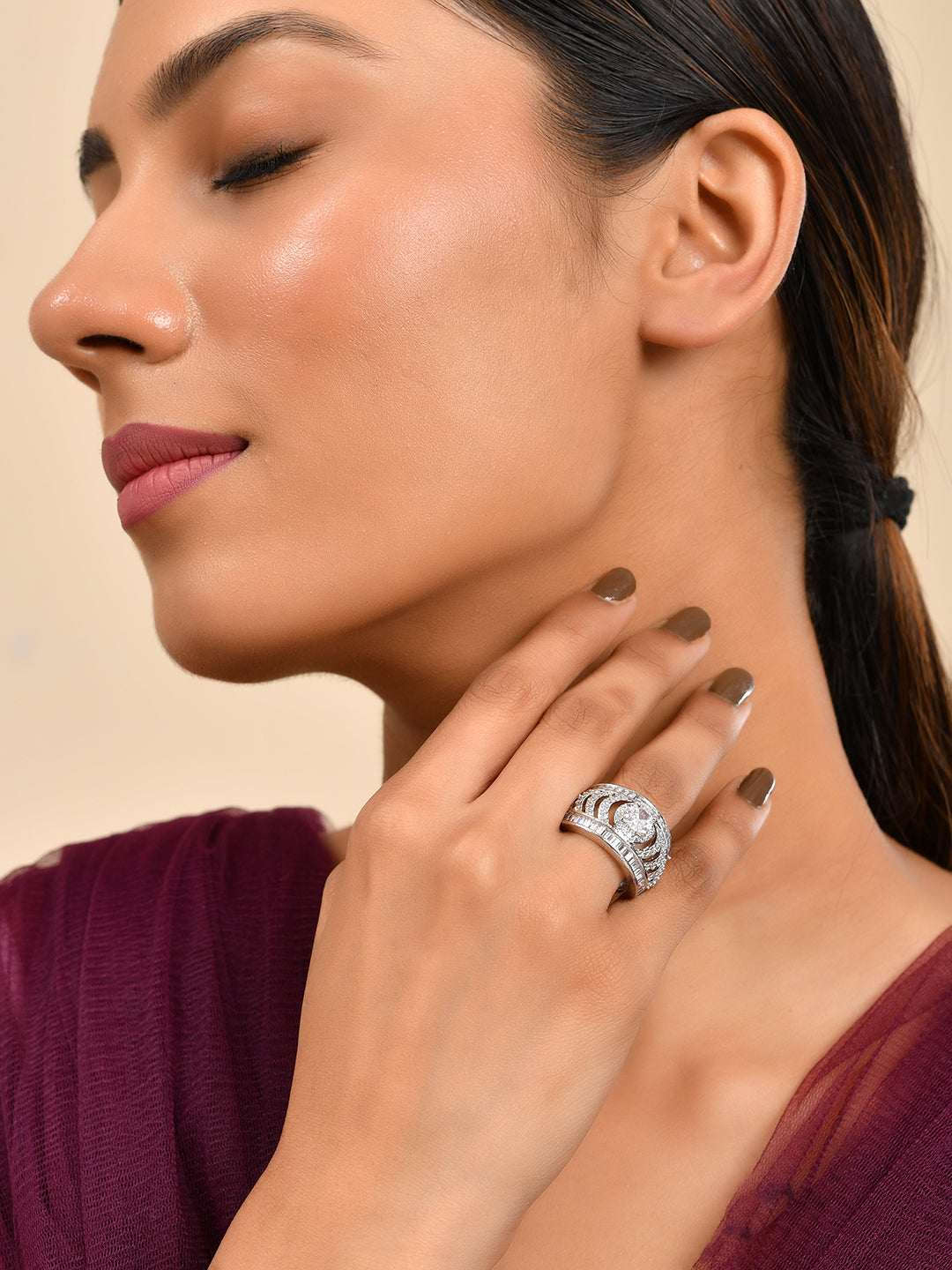 Classic Silver-Plated CZ Cluster Statement Ring For Women | Bridal Jewellery