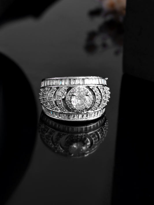 Classic Silver-Plated CZ Cluster Statement Ring For Women | Bridal Jewellery
