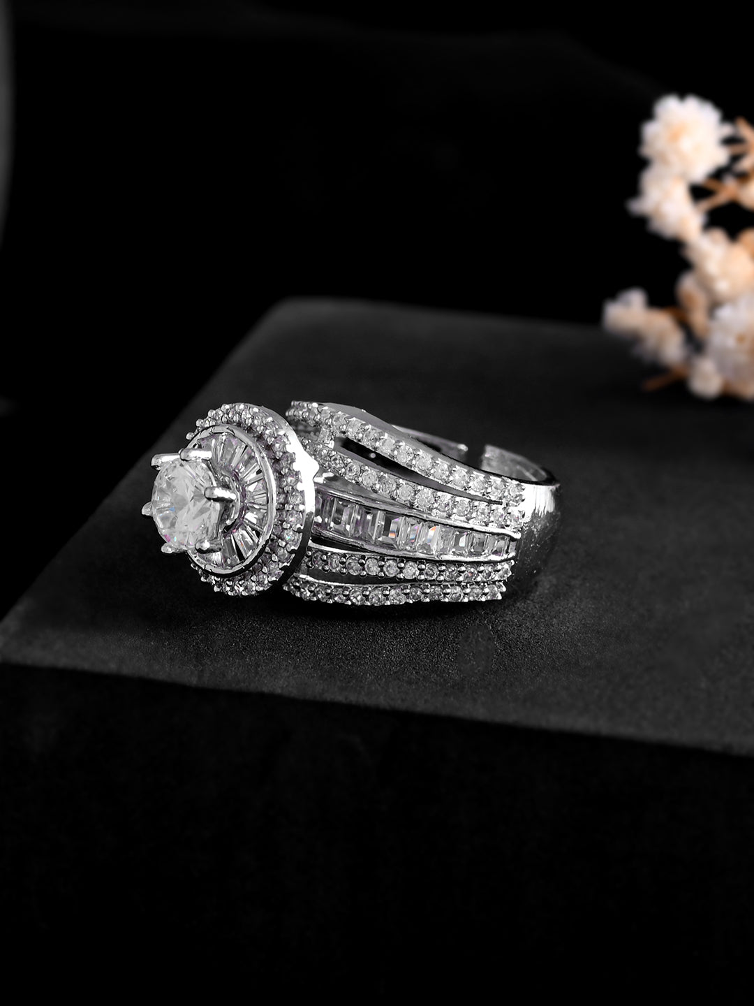 American Diamond Stone-Studded Silver Ring For Girls & Women