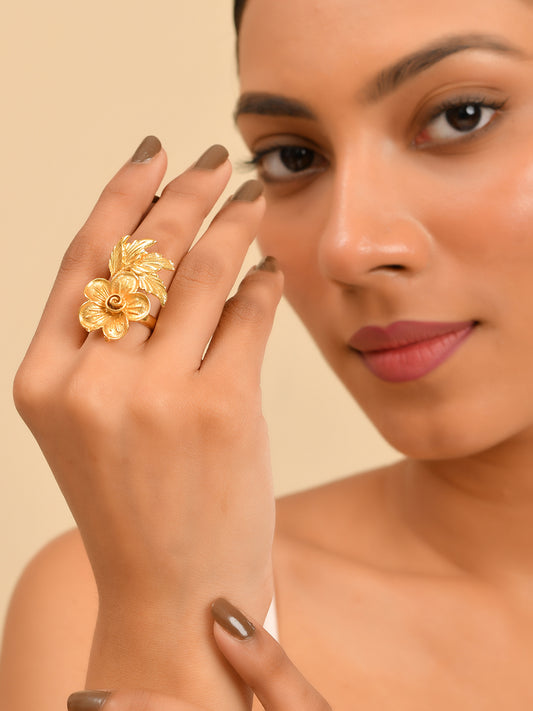Gold-Plated Flower Textured Adjustable Ring For Women & Girls