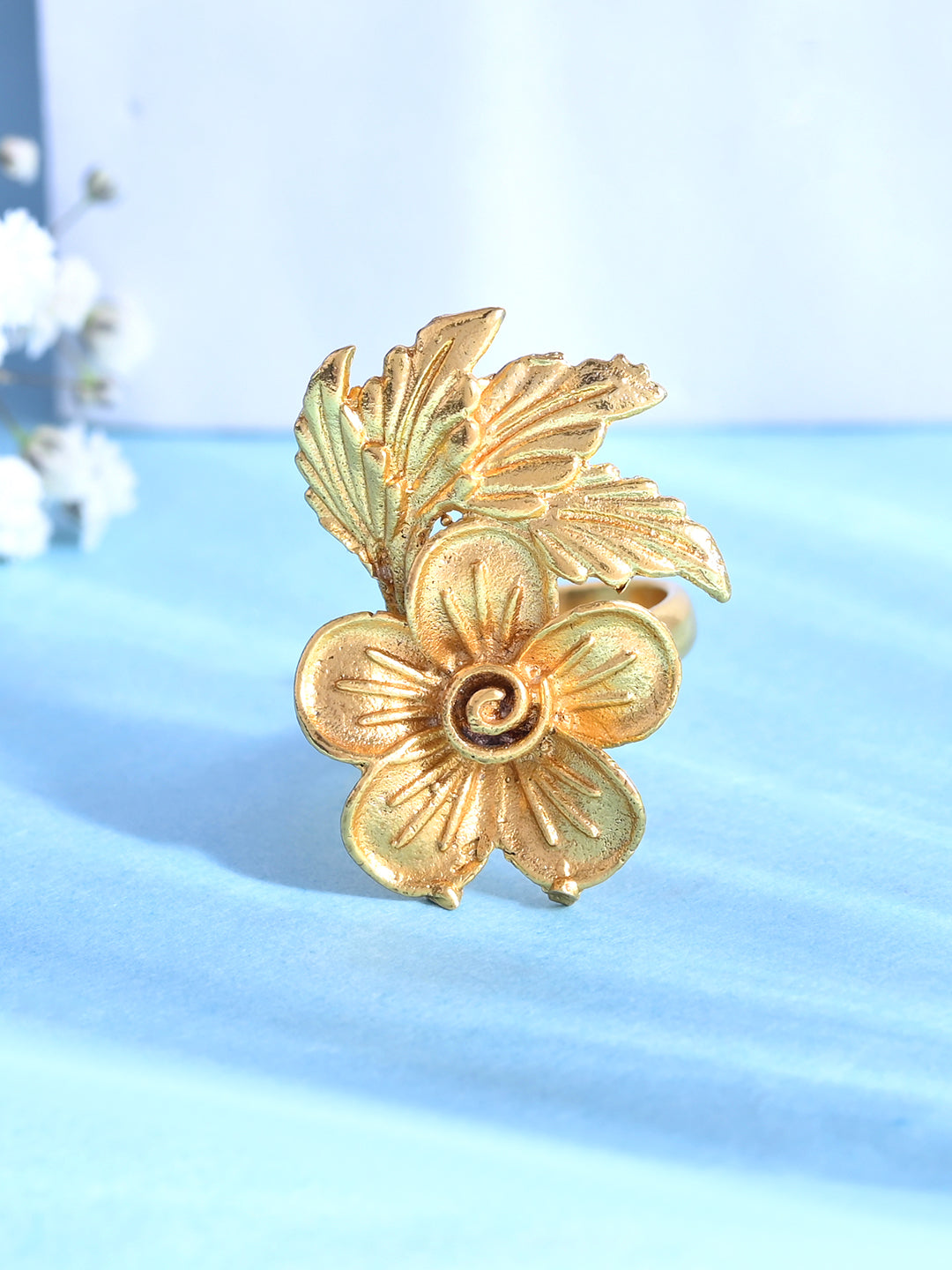 Gold-Plated Flower Textured Adjustable Ring For Women & Girls