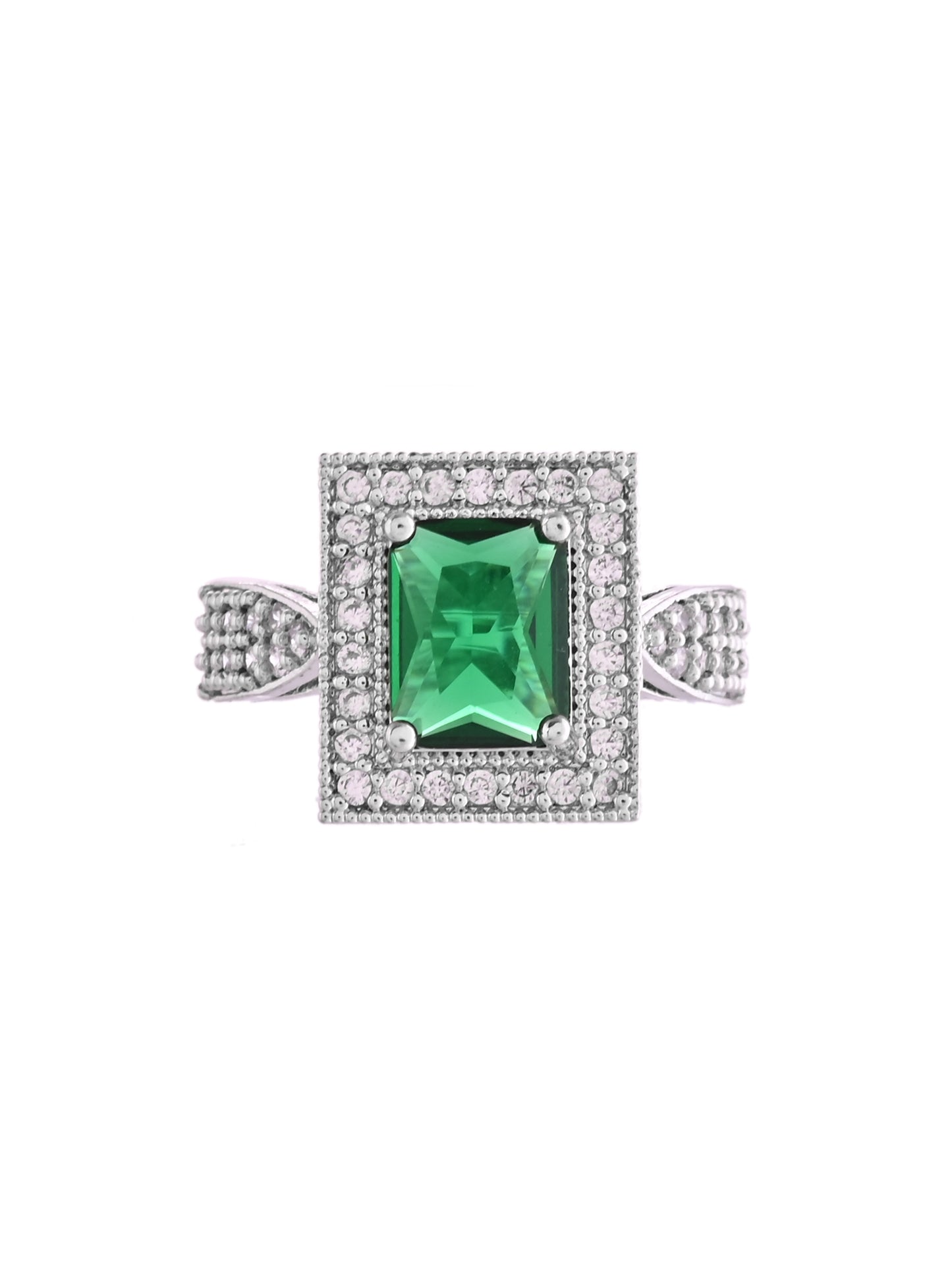 Classic Silver Finish Green Solitaire & CZ Band Ring For Women & Girls
