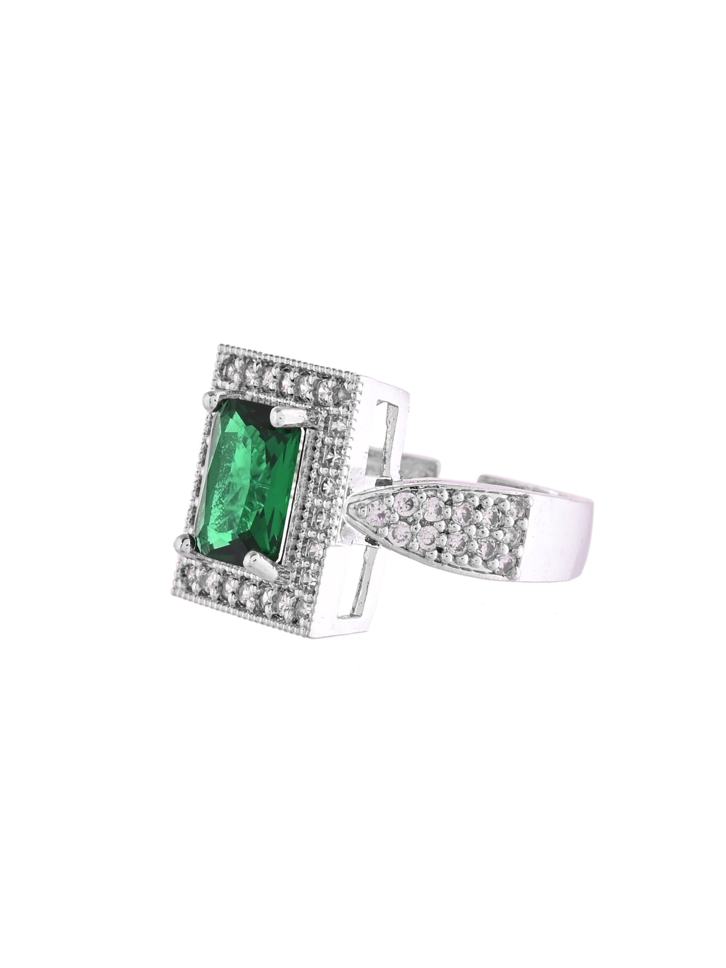 Classic Silver Finish Green Solitaire & CZ Band Ring For Women & Girls
