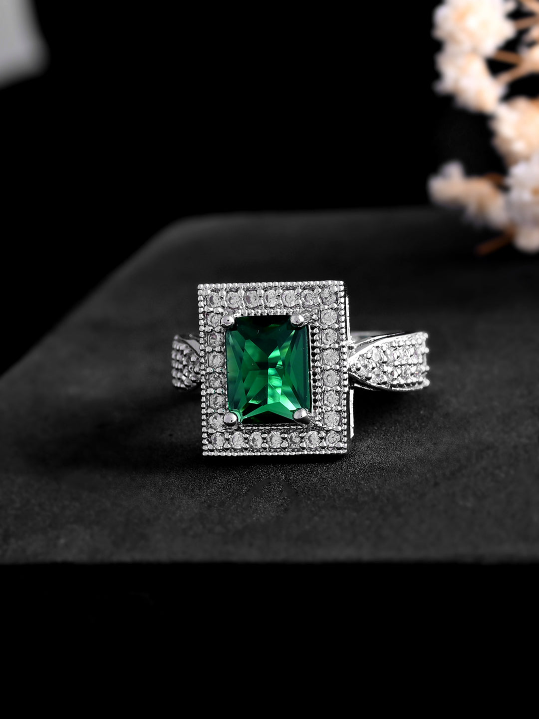 Classic Silver Finish Green Solitaire & CZ Band Ring For Women & Girls