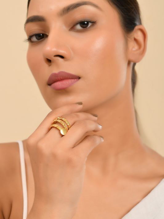 Classic Gold-Plated Textured Multi-Layer Statement Ring For Women