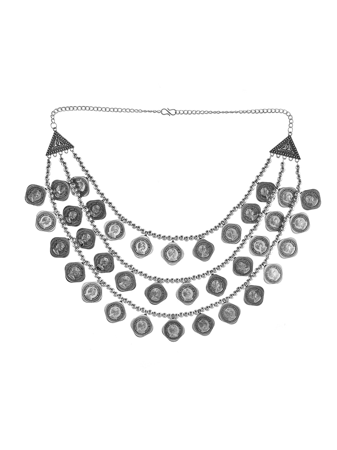 Oxidised Silver Tribal Necklace With Coins Double Side Wear For Women