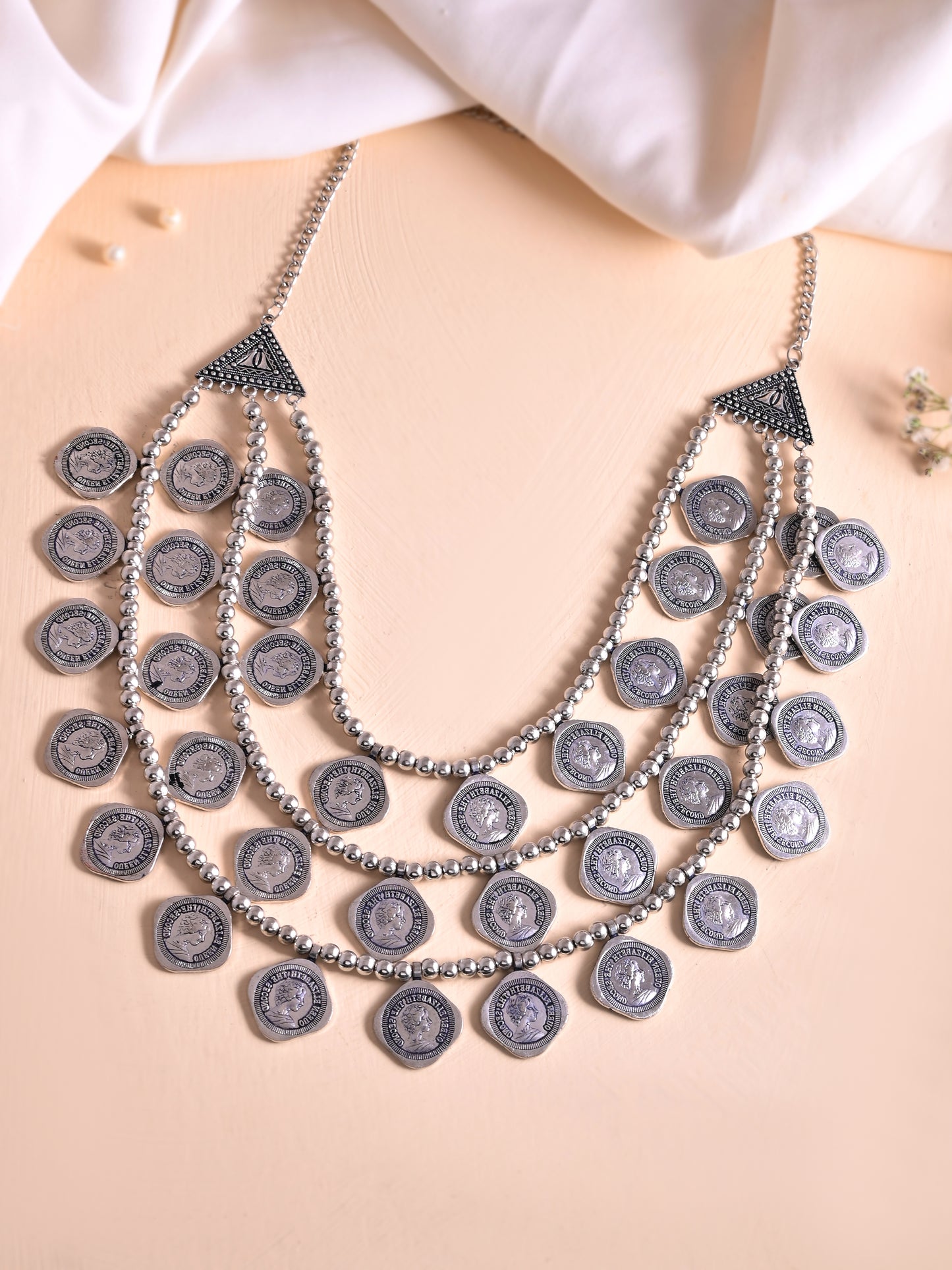 Oxidised Silver Tribal Necklace With Coins Double Side Wear For Women