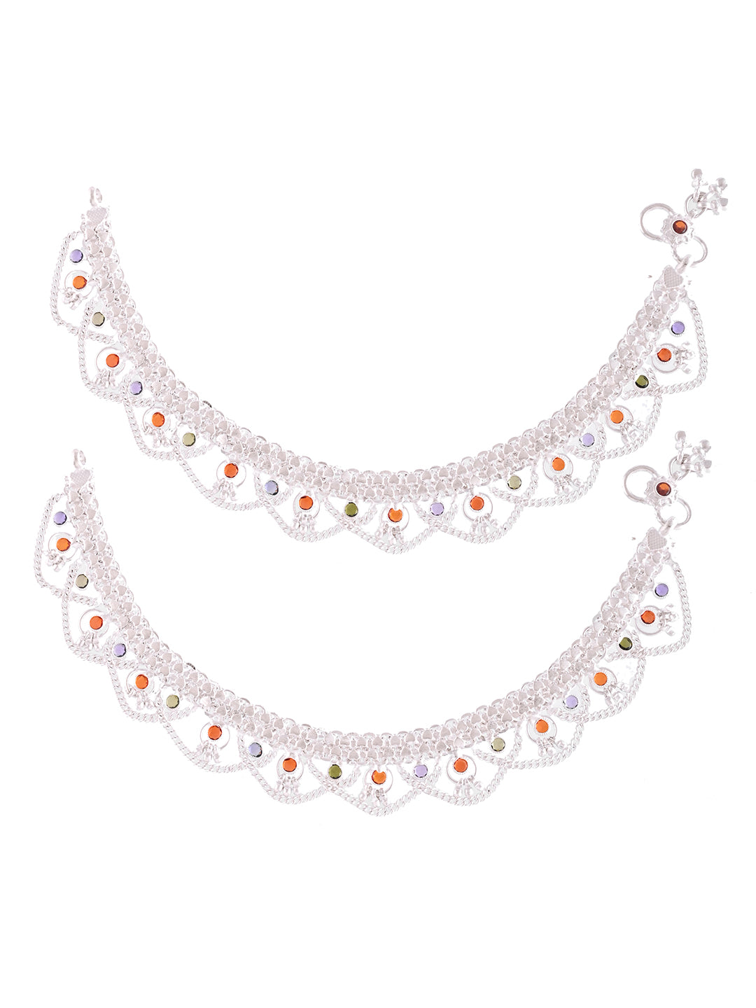 Rajasthani Bridal Payal With Color Stones | Silver Antique Anklet Set For Women
