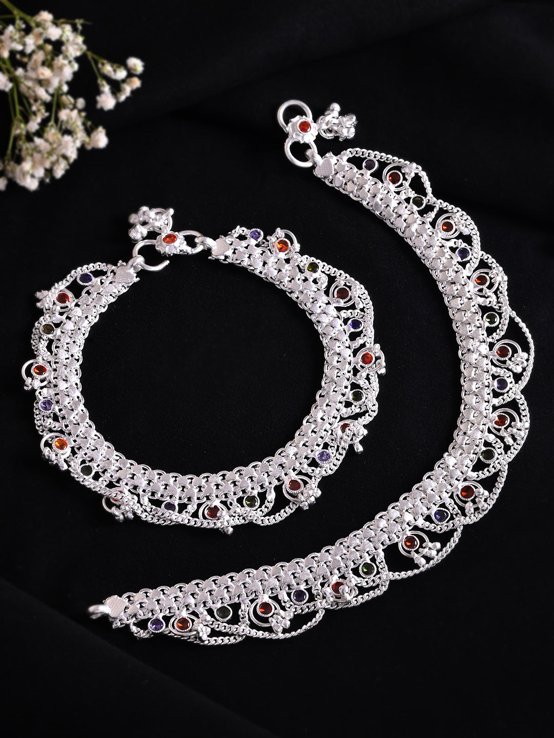 Rajasthani Bridal Payal With Color Stones | Silver Antique Anklet Set For Women