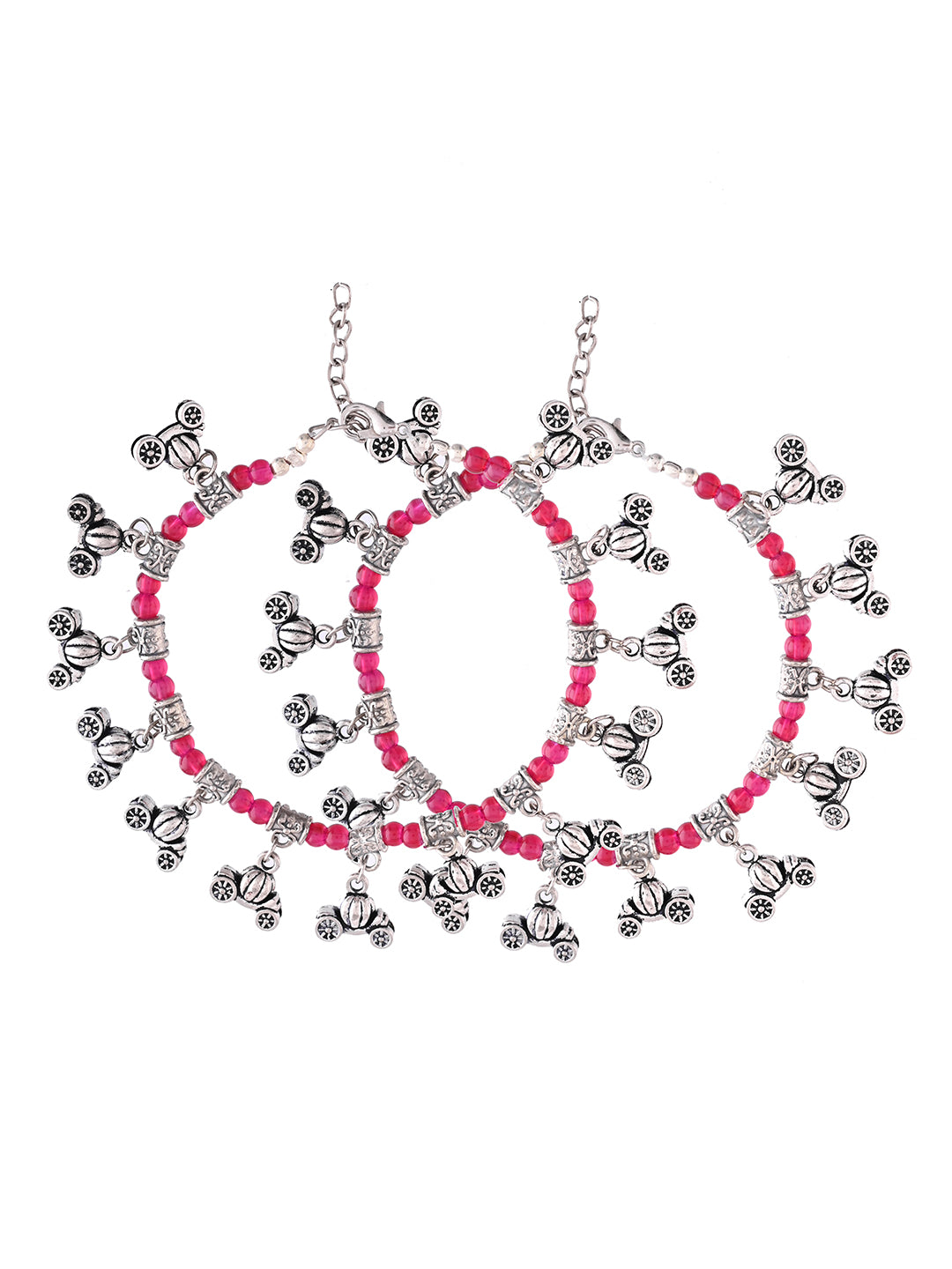 Oxidised Red Beaded Payal For Women | Silver Plated Traditional Anklet Set