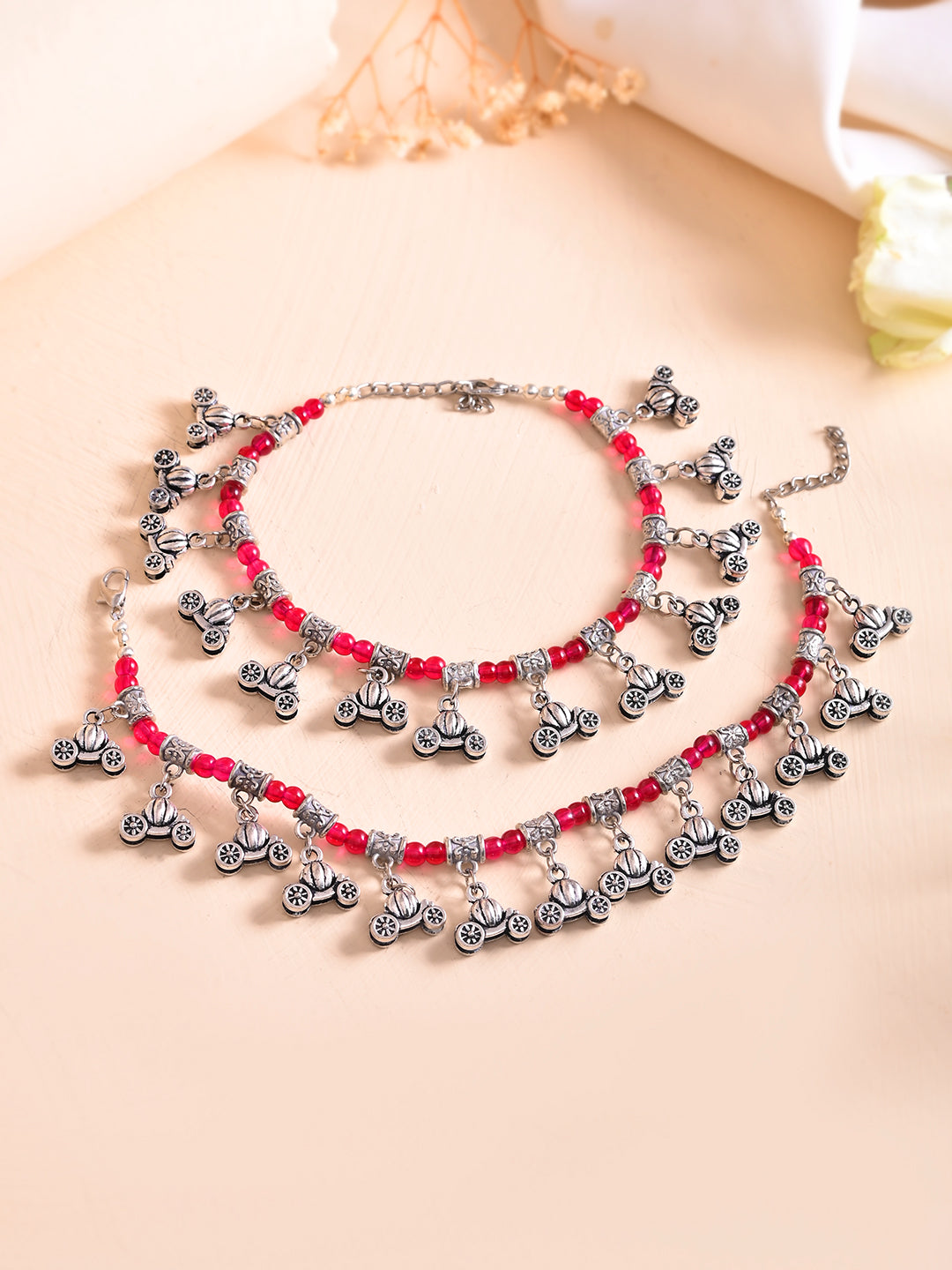 Oxidised Red Beaded Payal For Women | Silver Plated Traditional Anklet Set
