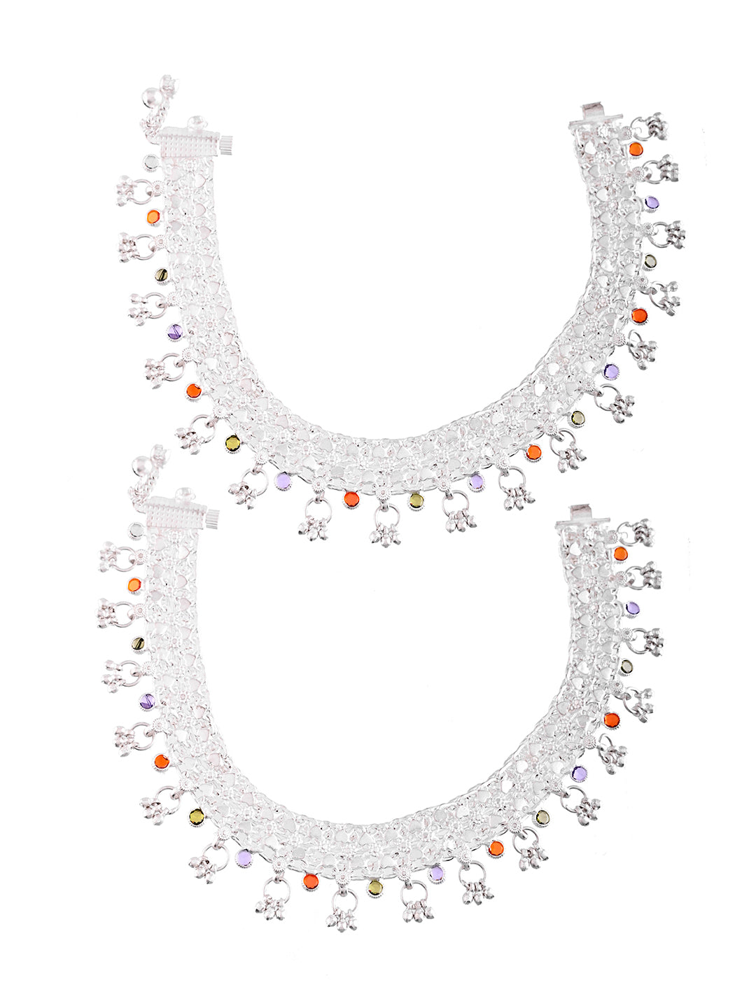 Silver Plated Payal With Multi Stone Work | Party & Wedding Anklets For Women