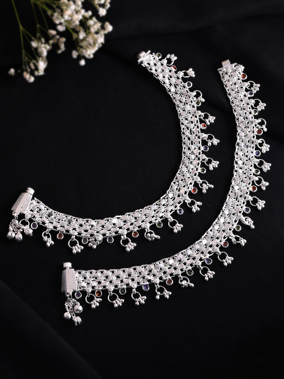 Silver Plated Payal With Multi Stone Work | Party & Wedding Anklets For Women