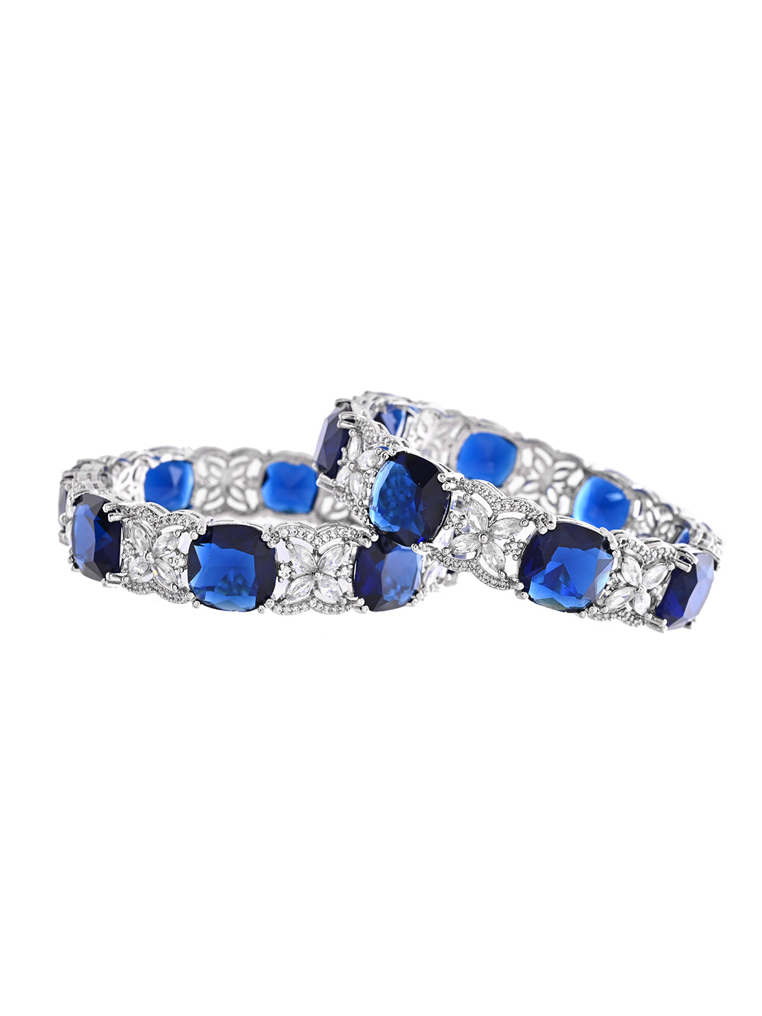 Silver-Plated Blue CZ Stone Designer Bangles For Women & Girls | Party Wear & Bridal Bangles