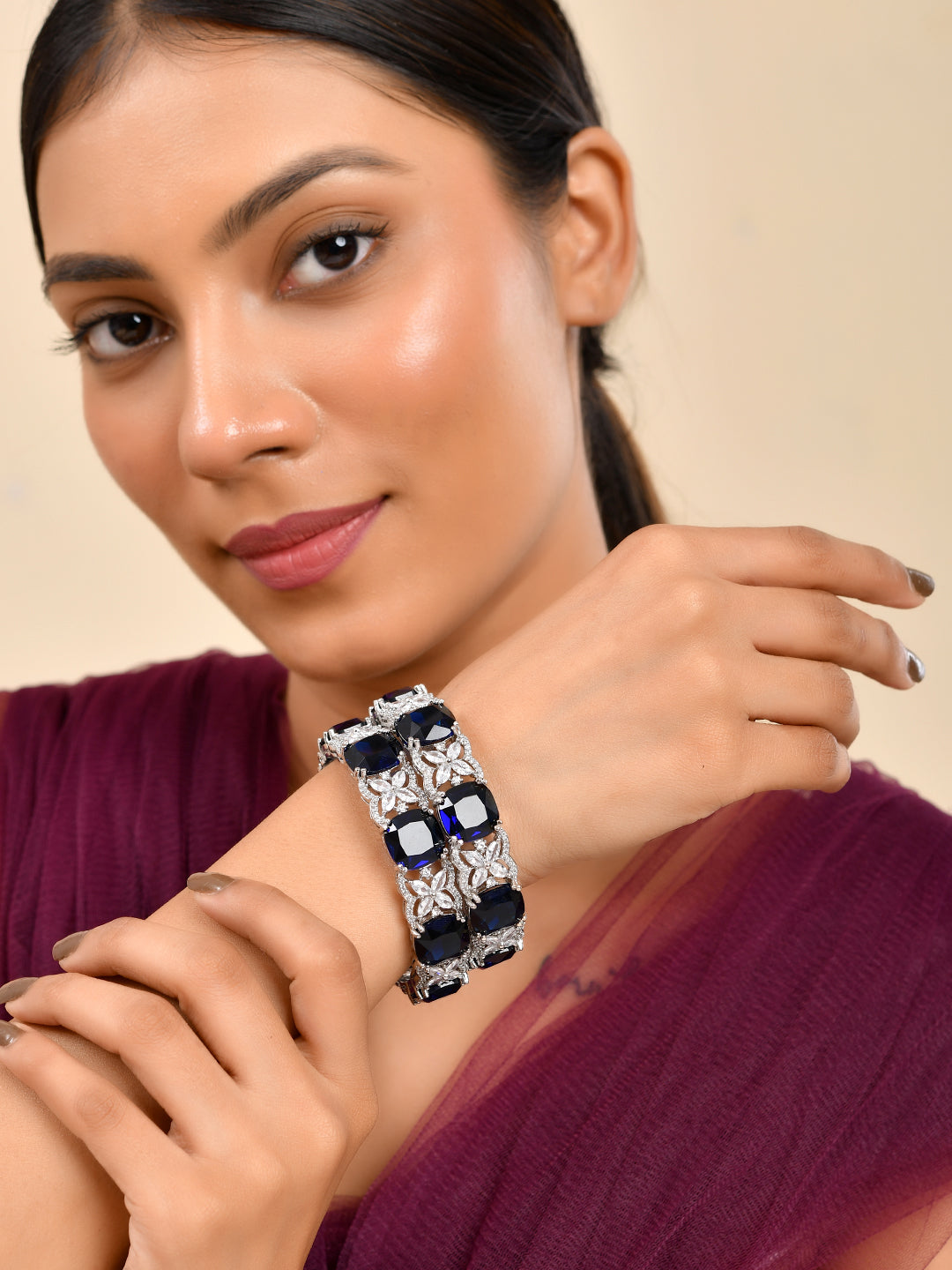 Silver-Plated Blue CZ Stone Designer Bangles For Women & Girls | Party Wear & Bridal Bangles
