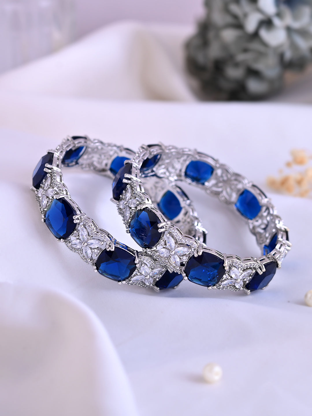 Silver-Plated Blue CZ Stone Designer Bangles For Women & Girls | Party Wear & Bridal Bangles