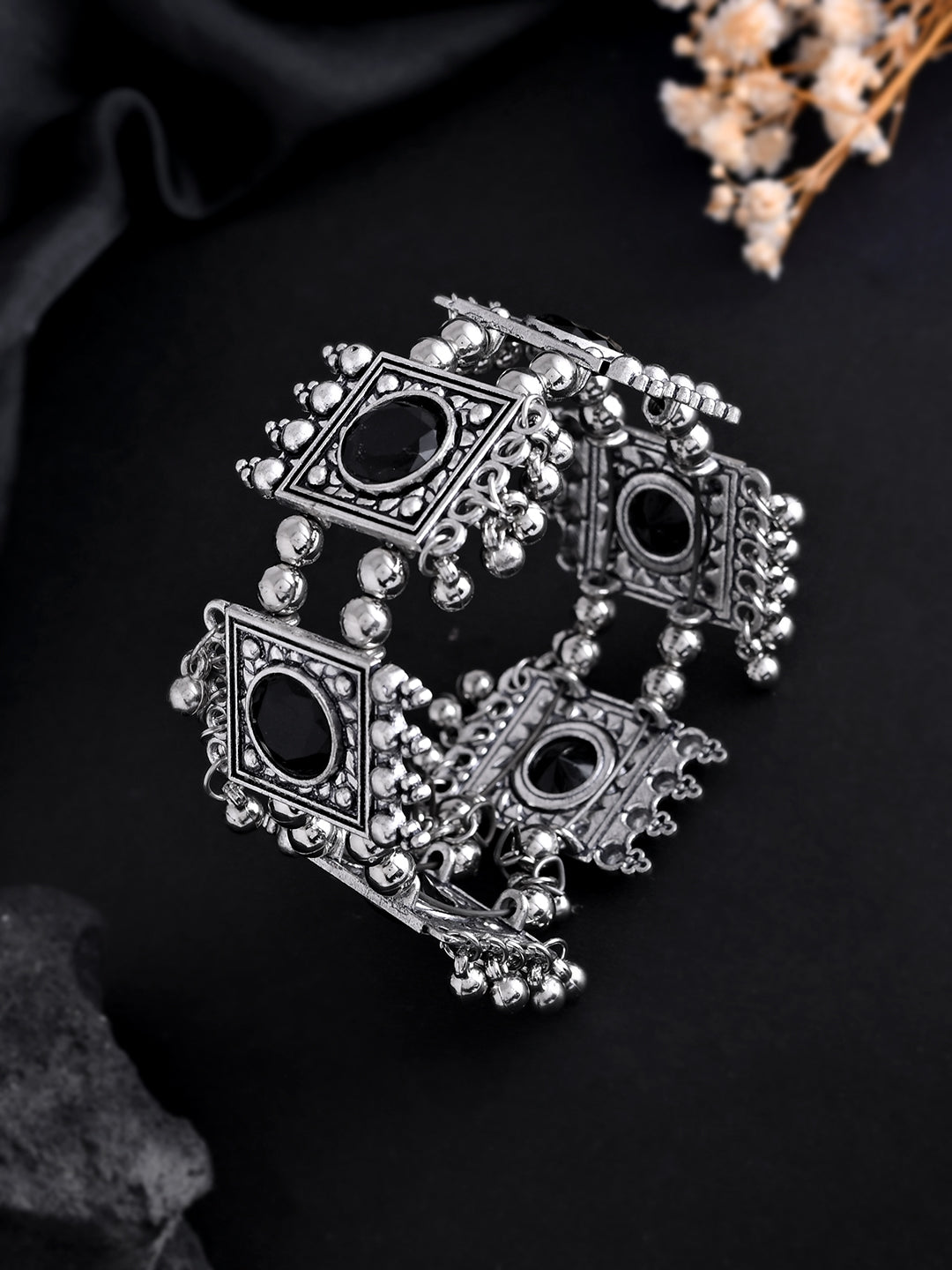 Black Stone Square Bracelet For Women | Antique Oxidised Jewellery