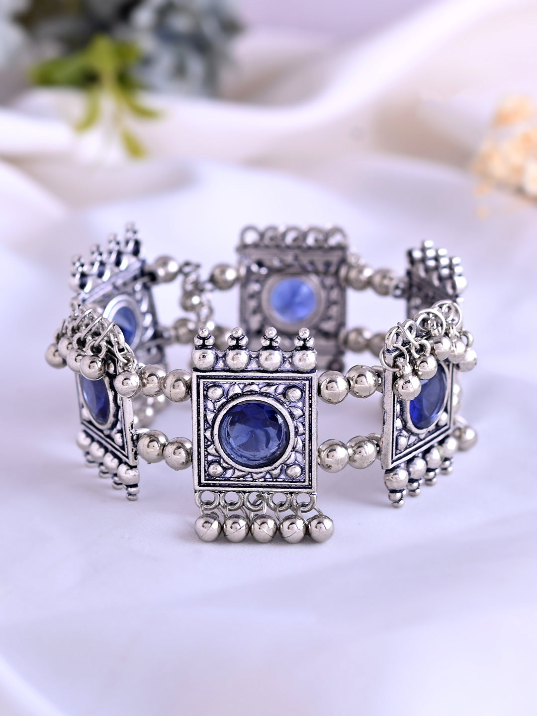 Blue Stone Square Bracelet For Women | Antique Oxidised Jewellery