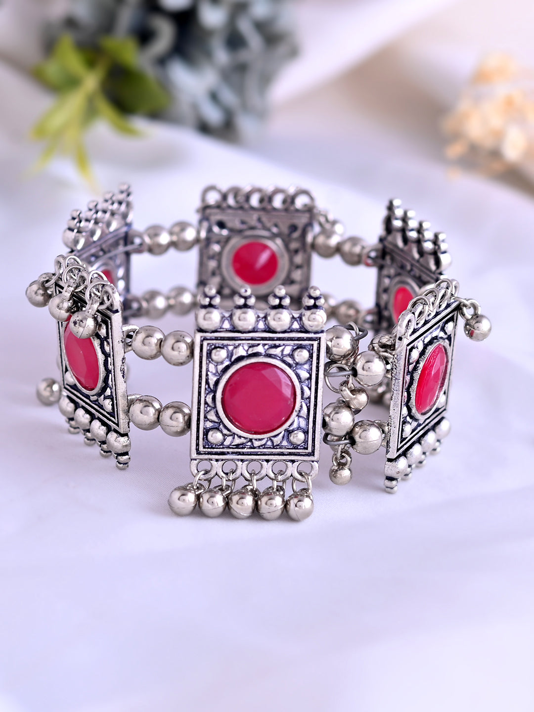 Red Stone Square Bracelet For Women | Antique Oxidised Jewellery