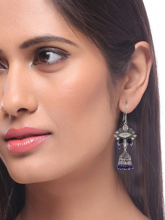 Silver Oxidised Blue Beads Long Jhumka Earrings for Women Online