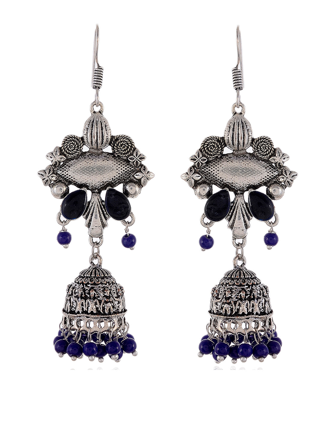 Silver Oxidised Blue Beads Long jhumka earrings
