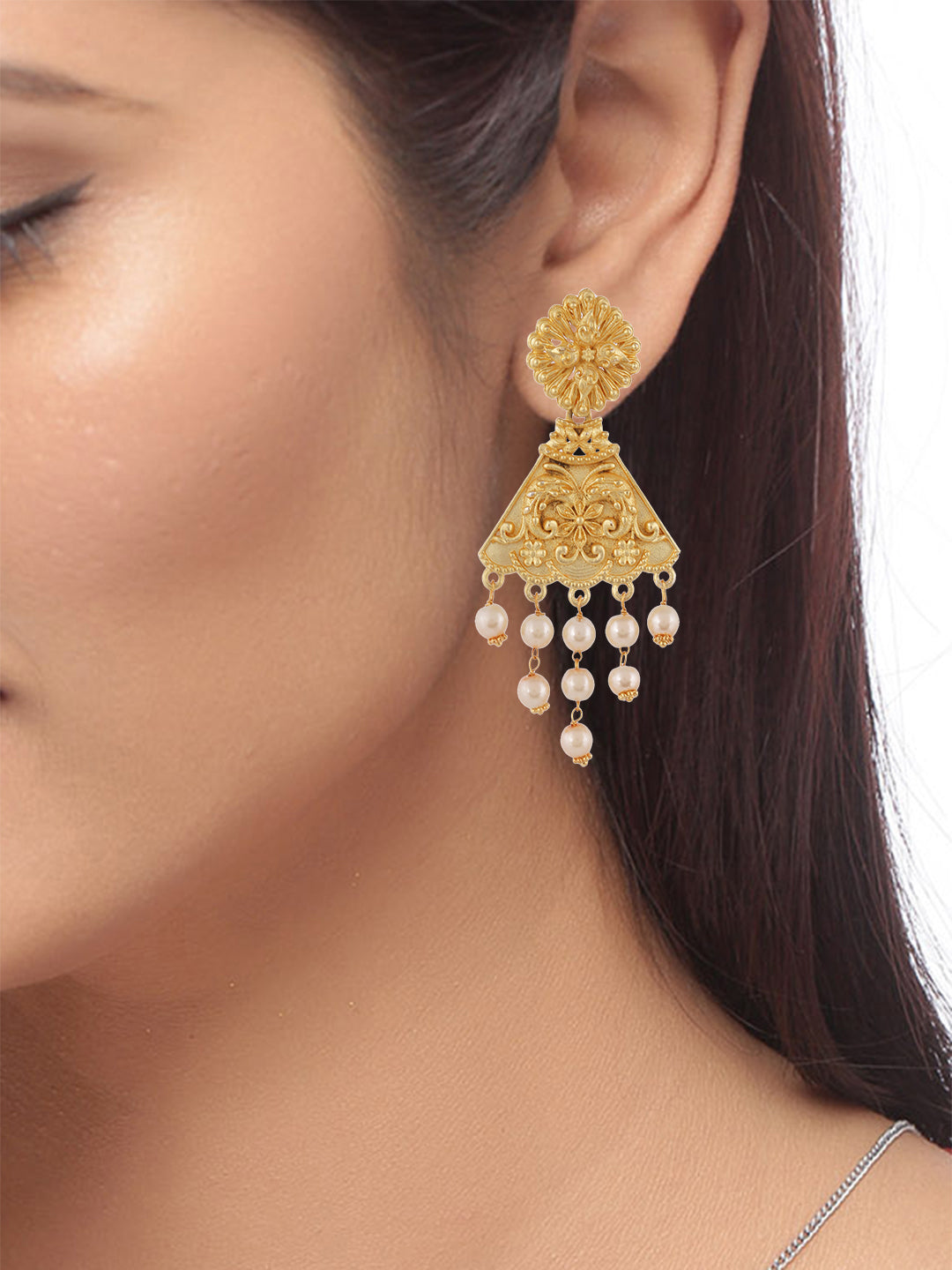 Gold Plated Triangular Pearl Drops Earrings for women