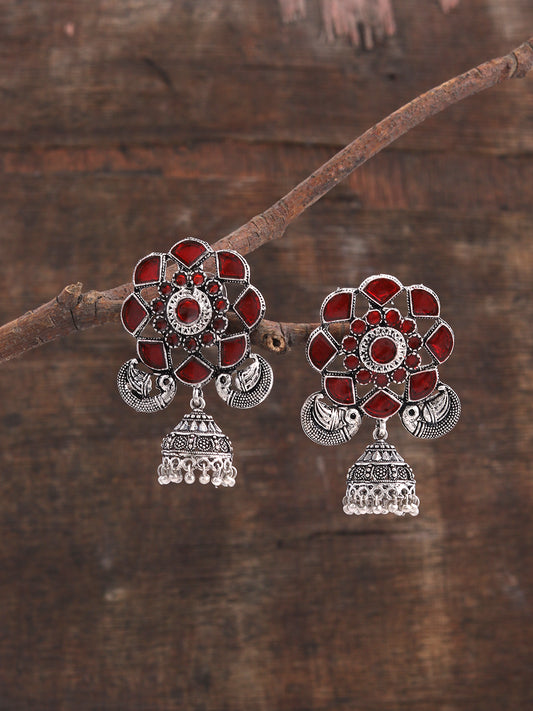 Oxidised red Stone Jhumka Earrings