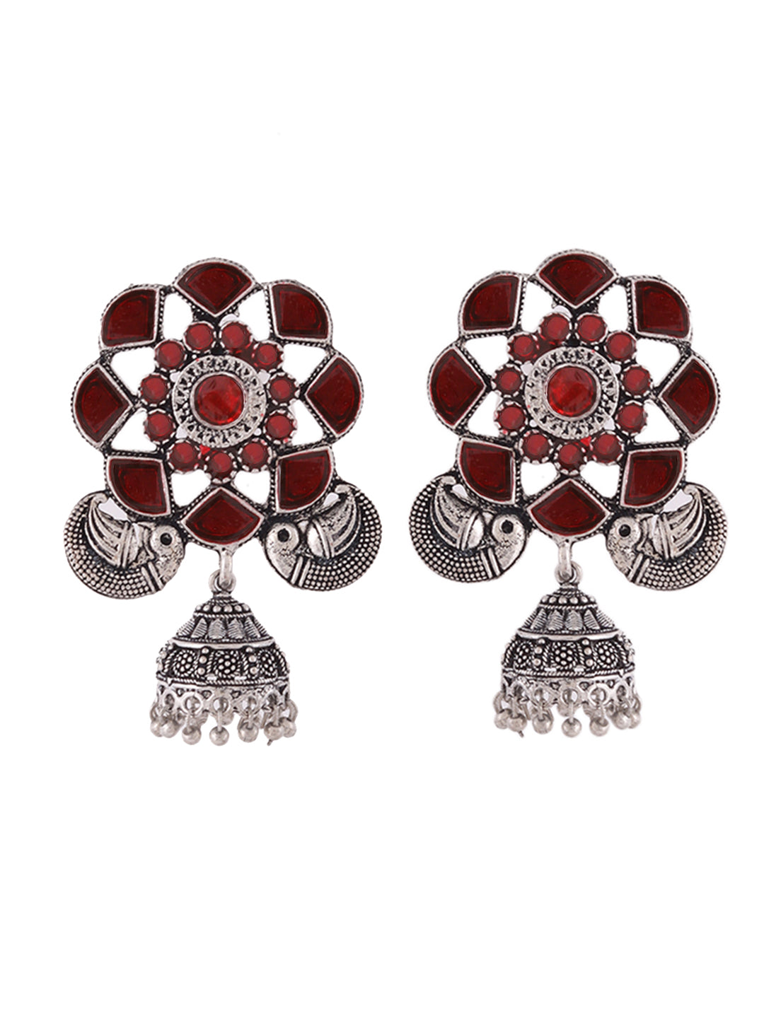 Oxidised red Stone Jhumka Earrings