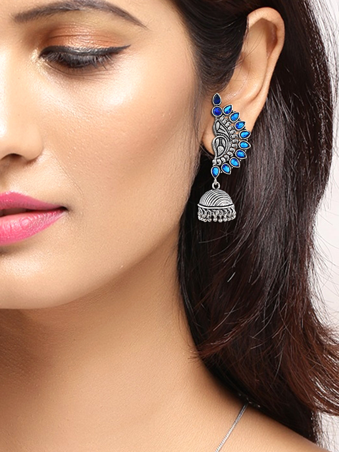 Blue Paisley Silver Oxidised Jhumka Earrings