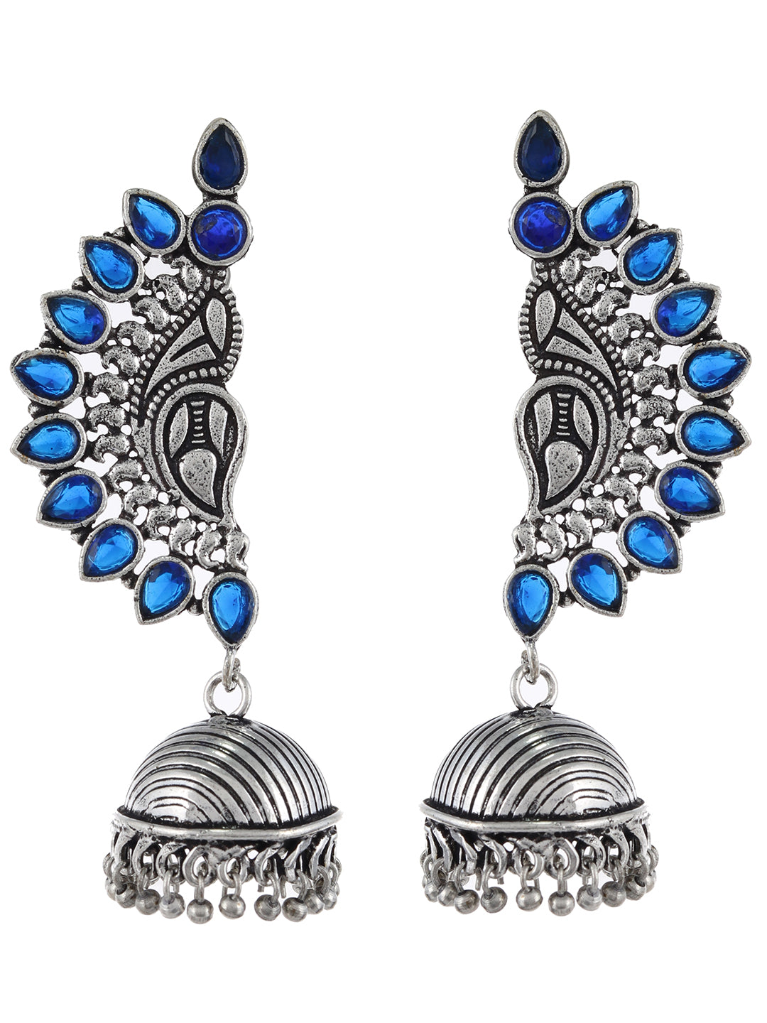 Blue Paisley Silver Oxidised Jhumka Earrings