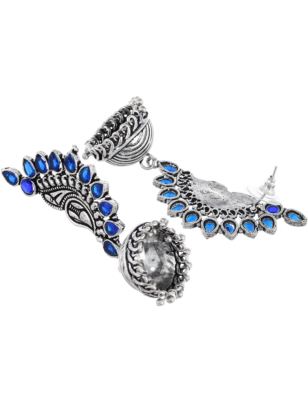 Blue Paisley Silver Oxidised Jhumka Earrings