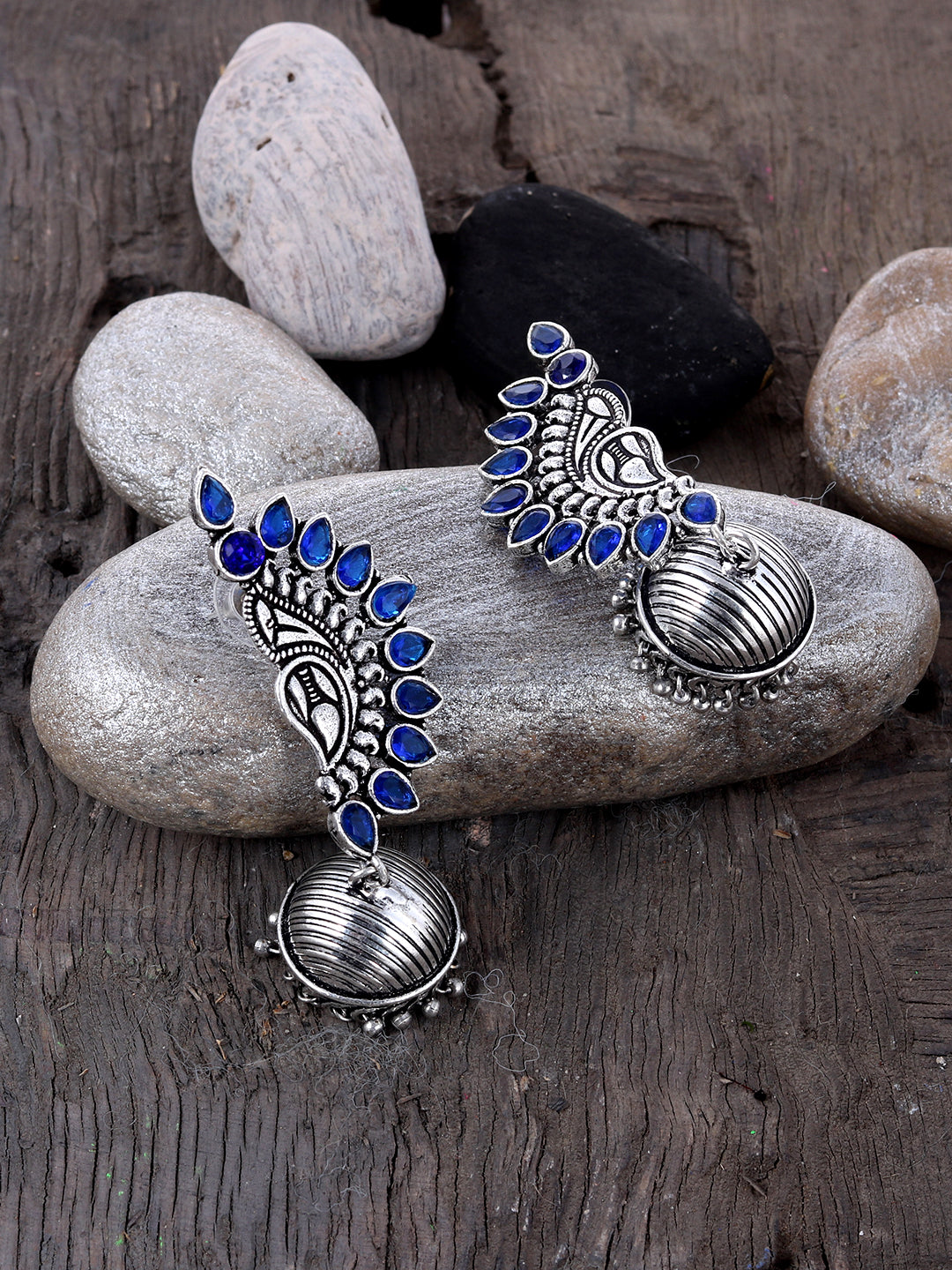 Blue Paisley Silver Oxidised Jhumka Earrings