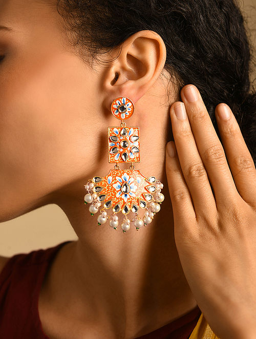 Orange Handpainted Floral Gold plated pearl drop Chandbali Earrings