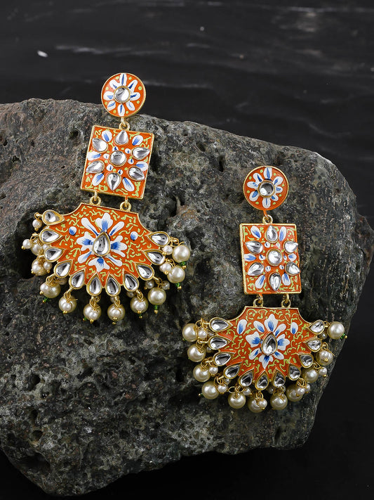 Orange Handpainted Floral Gold plated pearl drop Chandbali Earrings