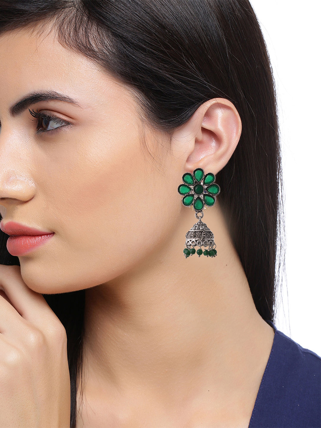 Green Flower Jhumka Earrings