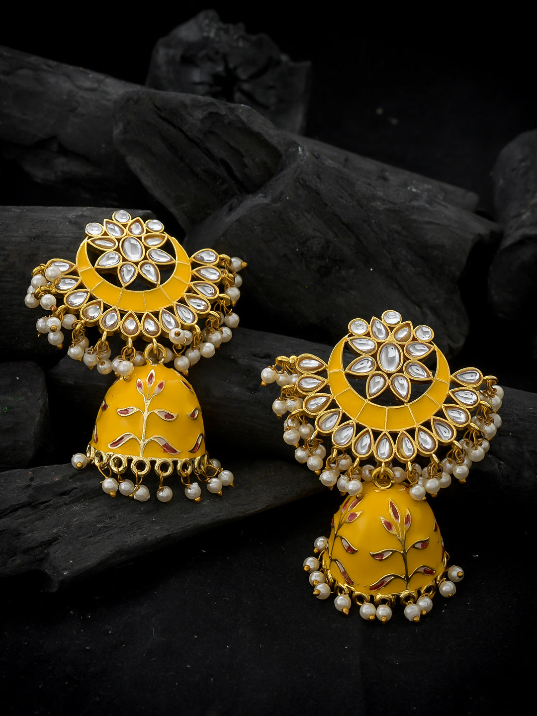 Gold plated yellow hanpainted Kundan Chandbali Jhumka Earrings