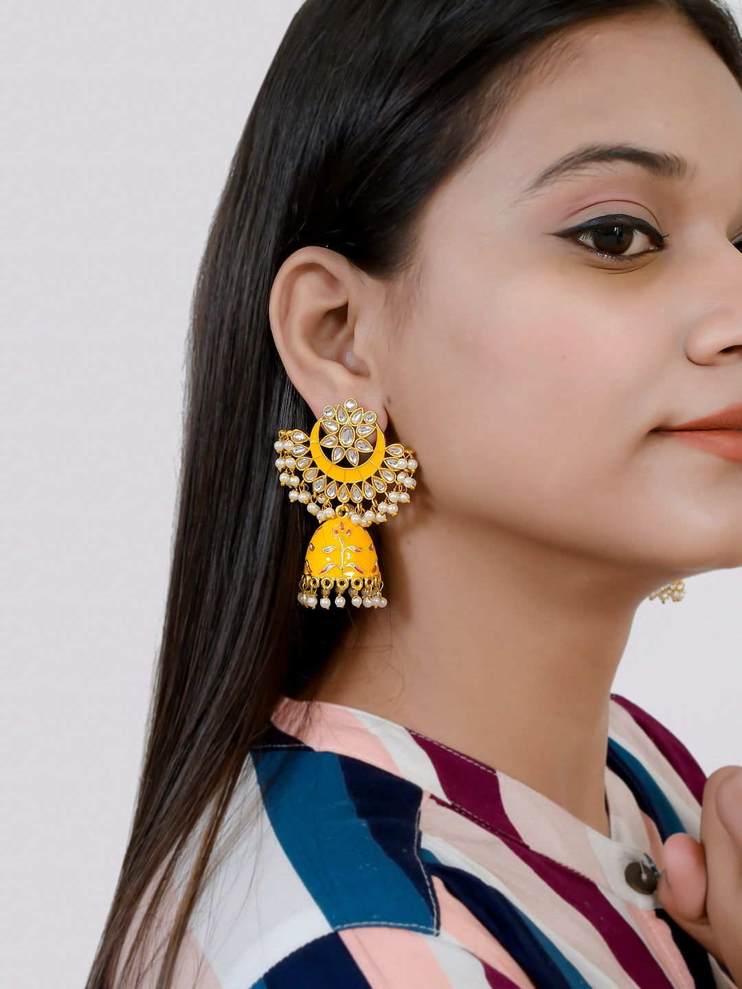Gold plated yellow hanpainted Kundan Chandbali Jhumka Earrings