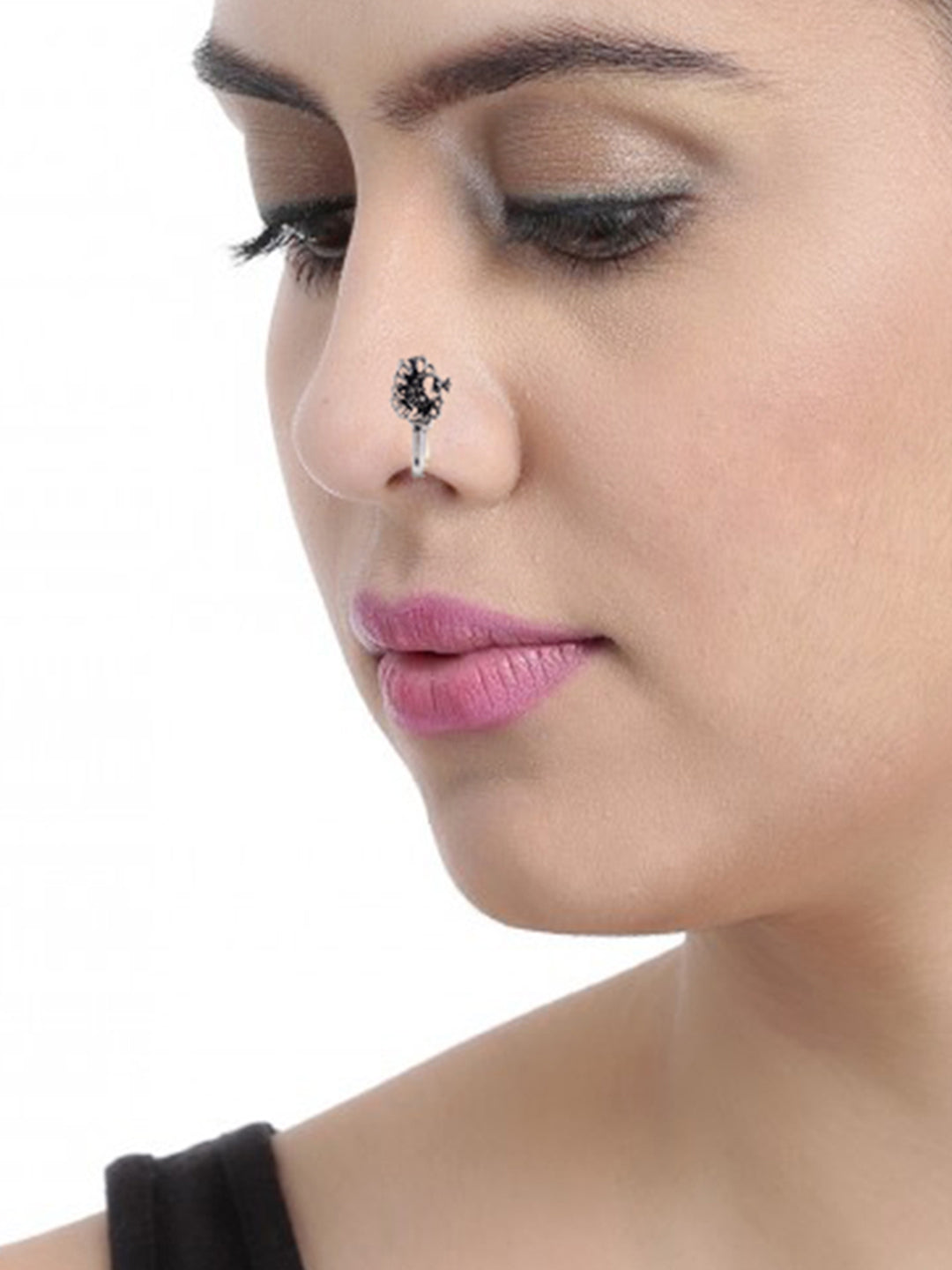 Silver Plated Pierced Nose Ring With Chain Body Jewelry Crystal Nose Hoop  Bridal | eBay