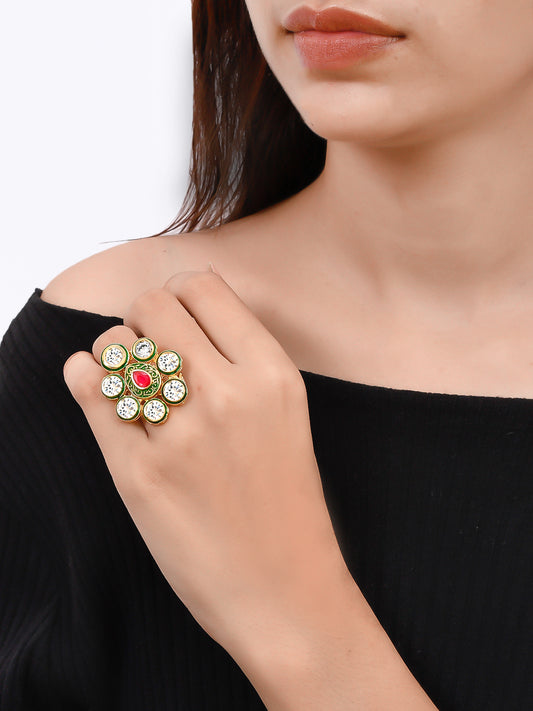 Gold Floral Ring With Diamonds and Ruby Centerpiece