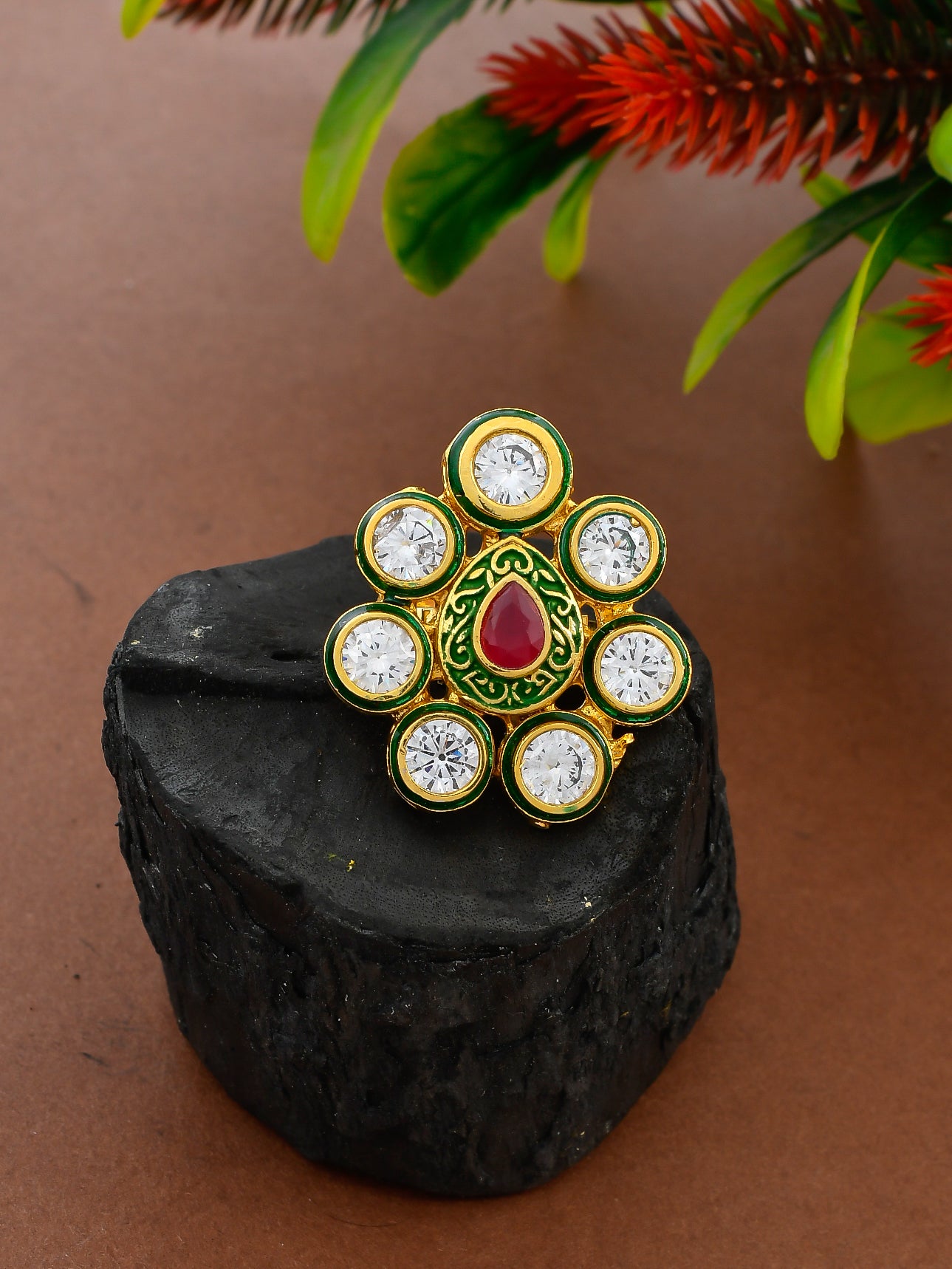 Gold Floral Ring with Diamonds and Ruby Centerpiece