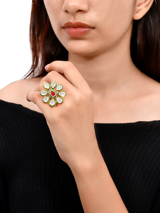 Gold Floral Ring With Red Gemstone Centerpiece