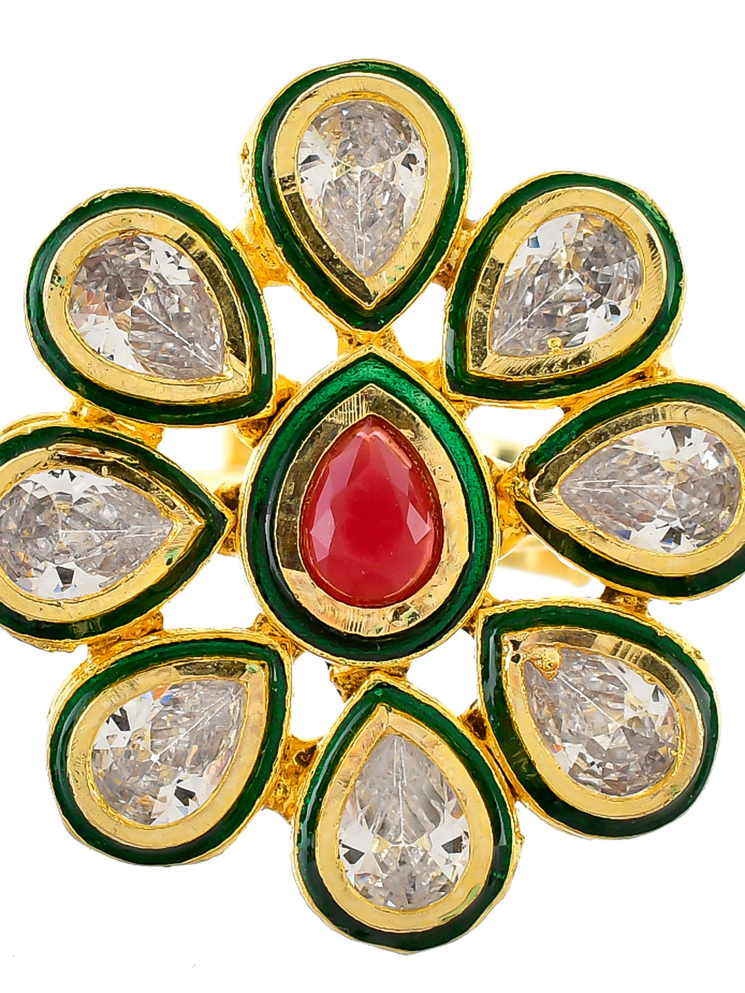 Gold Floral Ring with Red Gemstone Centerpiece