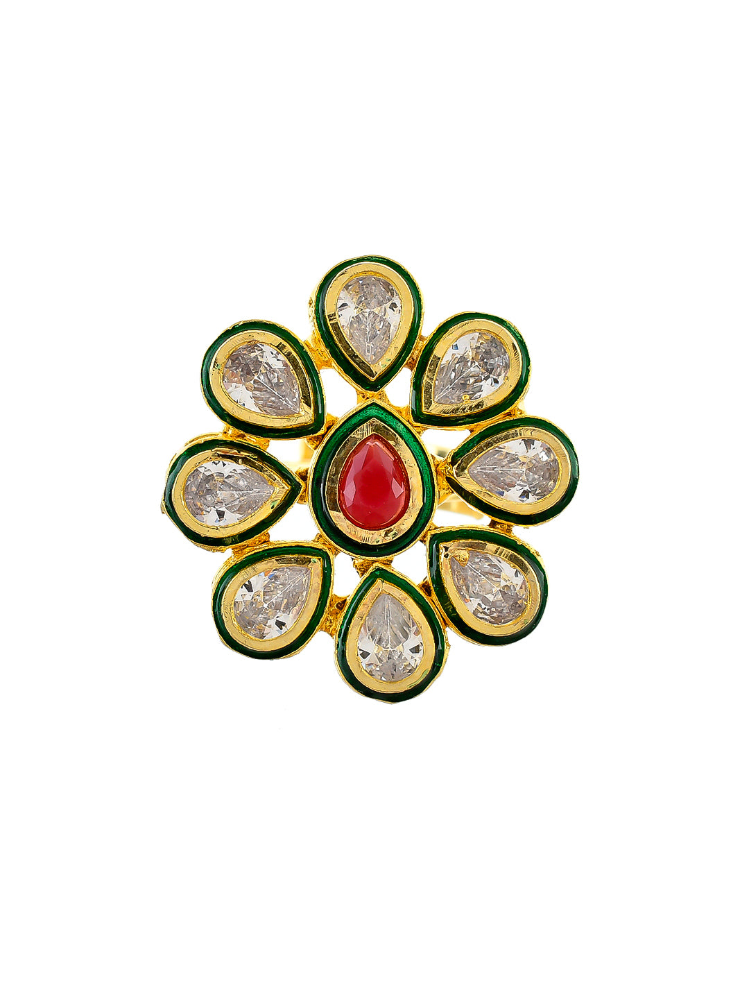 Gold Floral Ring with Red Gemstone Centerpiece