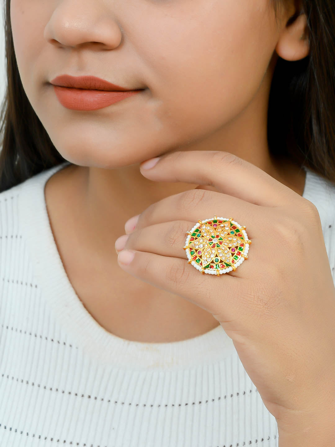 Gold Floral Ring With Precious Gemstones