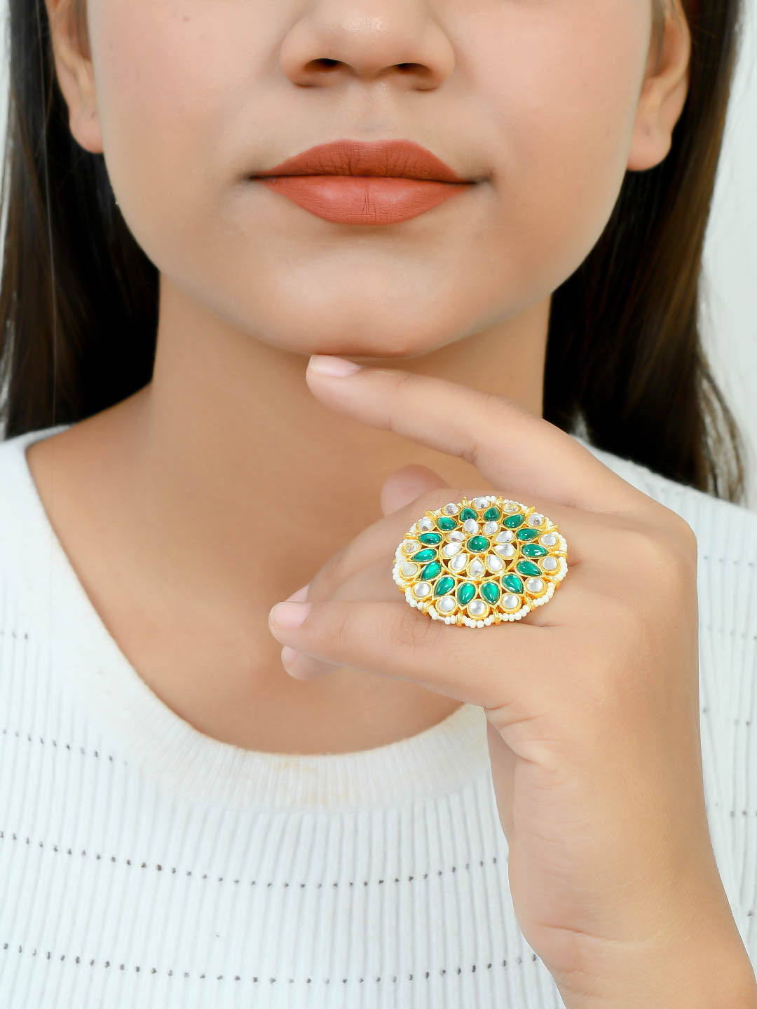 Gold Plated Peacock Ring with Green and White Stones