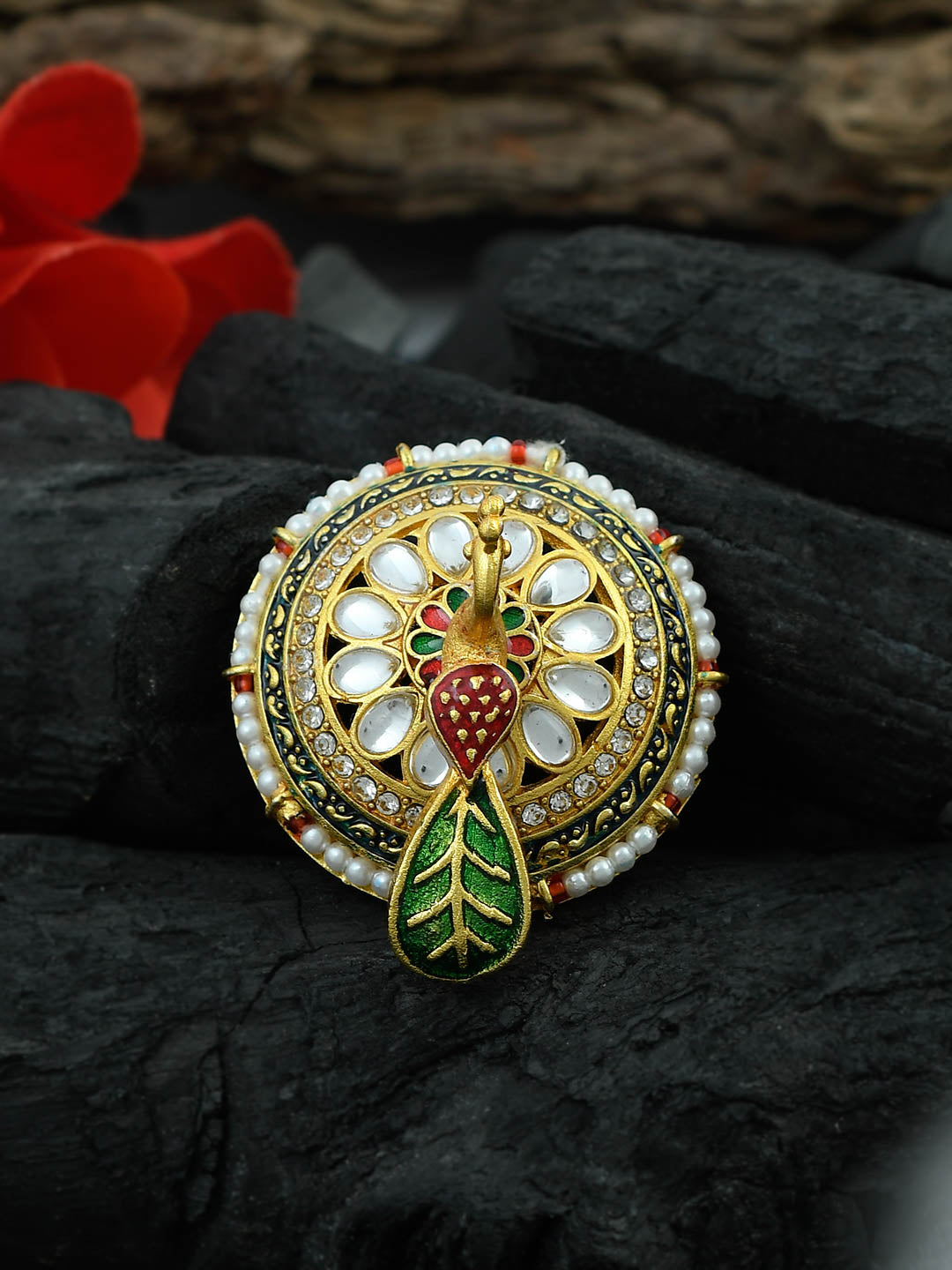 Traditional Gold-Plated Circular Ring with Precious Stone Embellishments