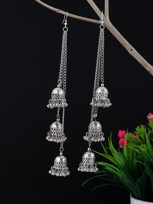 Contemporary Oxidised Silver Plated Tasselled Chain Jhumki Earrings for Women Online