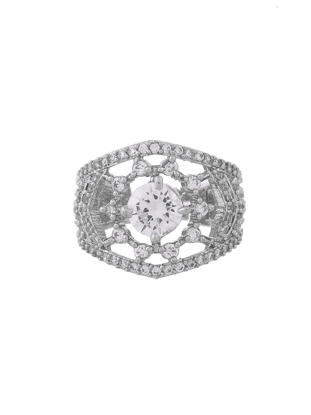 Silver Plated American Diamond Adjustable Ring for Women | CZ Stone Statement Ring